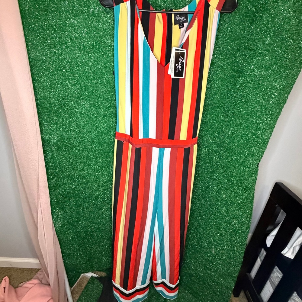 NWT Beige by ECI Multicolor Striped Wide Leg Jumpsuit Women's XL Belted